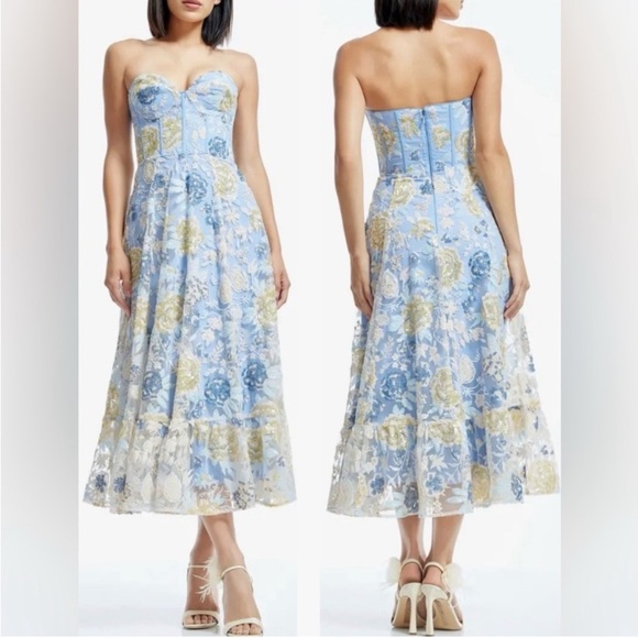Dress the Population Carina strapless floral sequin appliqué Midi Dress Size L